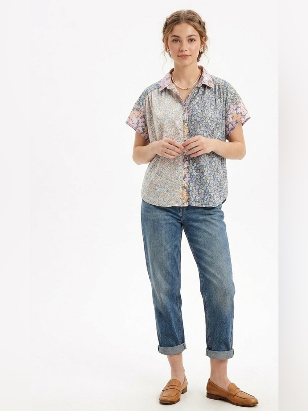 American Eagle $45 P2P 23-25” Floral Patchwork Short Sleeve Button Down Top L